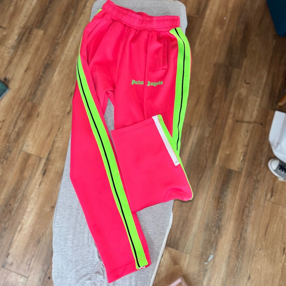 🩷 💚 Palm Angels Track Pants w/imperfections Sz S Neon Pink w/ Neon Green